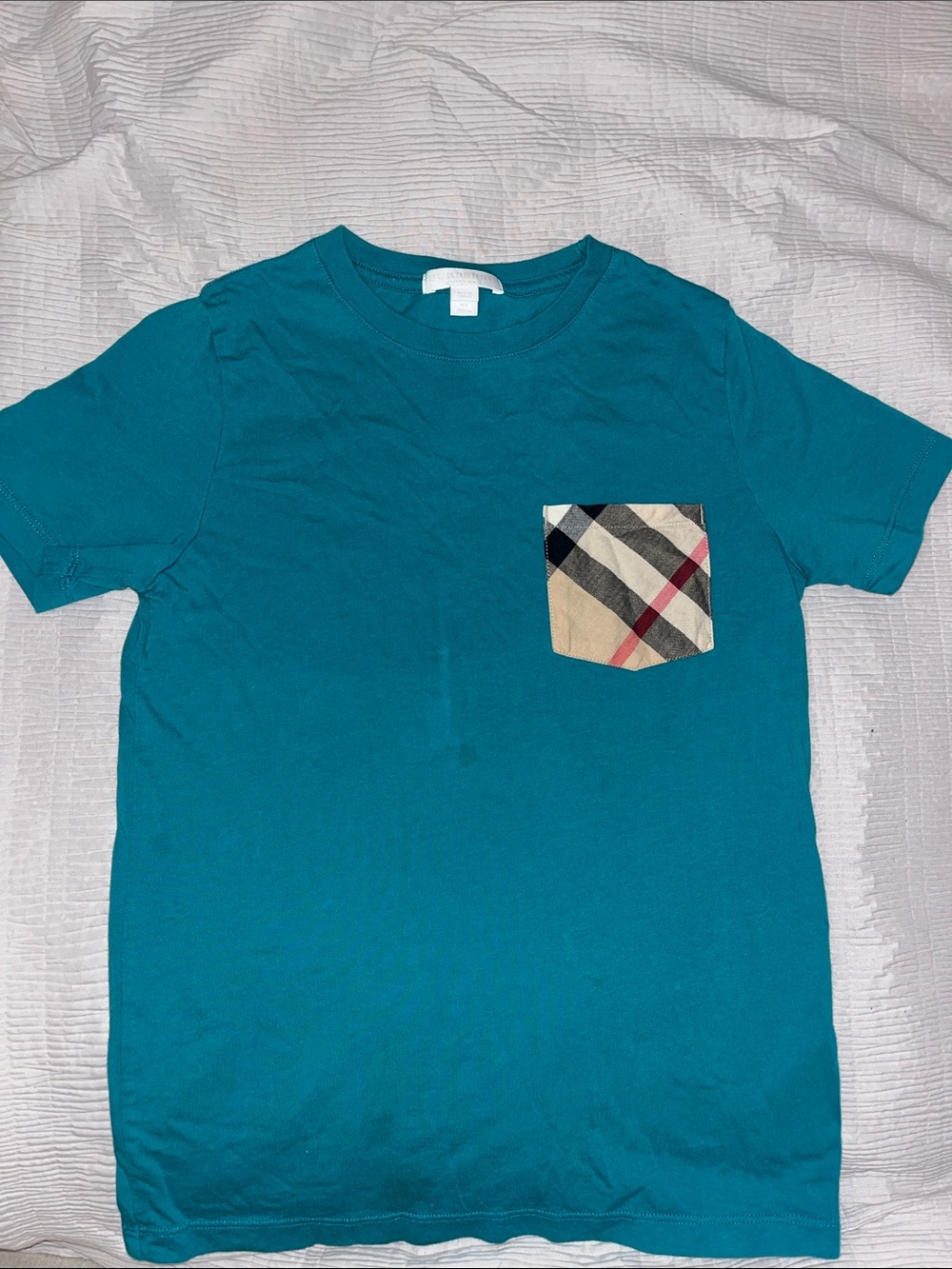Burberry Teal Short-Sleeve Tee with Signature Plaid Pocket